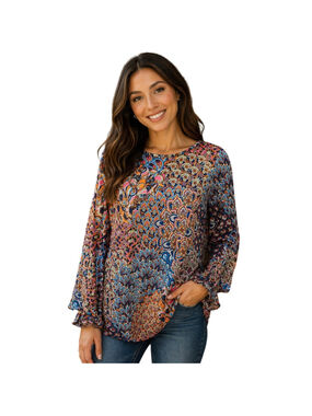 Coco Bianco bright textured bell sleeve floral stretch top USA made S whimsical